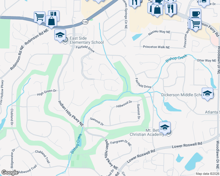 map of restaurants, bars, coffee shops, grocery stores, and more near 875 Muirfield Trail Northeast in Marietta