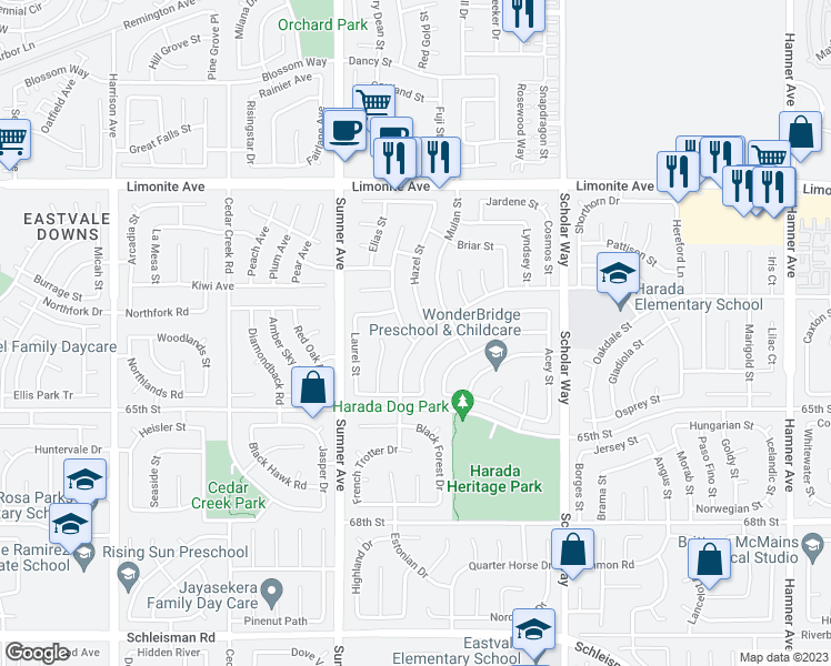 map of restaurants, bars, coffee shops, grocery stores, and more near 6458 Bluebell Street in Corona