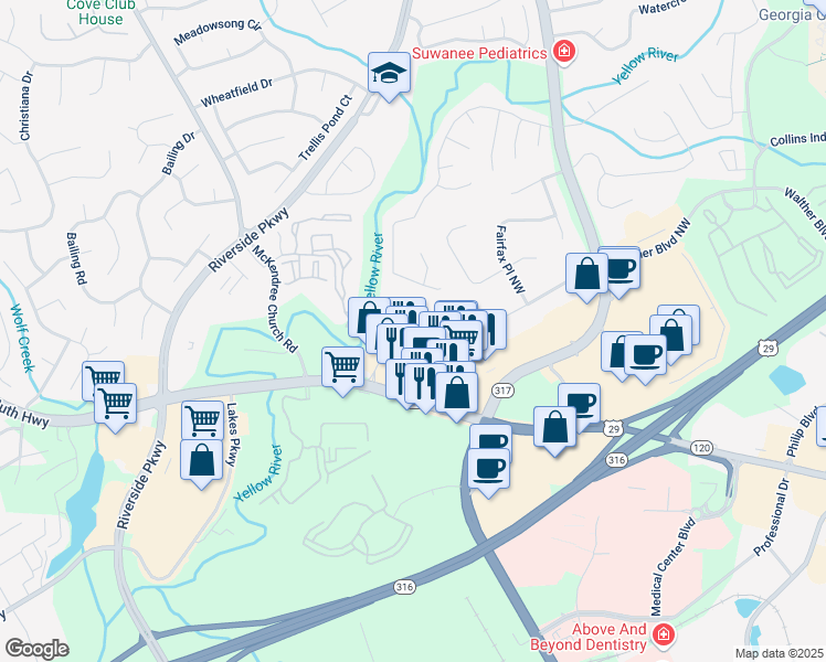 map of restaurants, bars, coffee shops, grocery stores, and more near 954 Haley Woods Lane in Lawrenceville