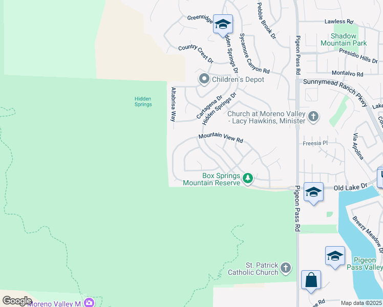 map of restaurants, bars, coffee shops, grocery stores, and more near 10386 Meadow Creek Drive in Moreno Valley