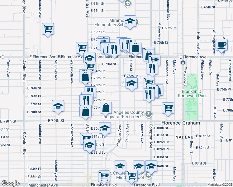 map of restaurants, bars, coffee shops, grocery stores, and more near 1254 East 76th Place in Los Angeles