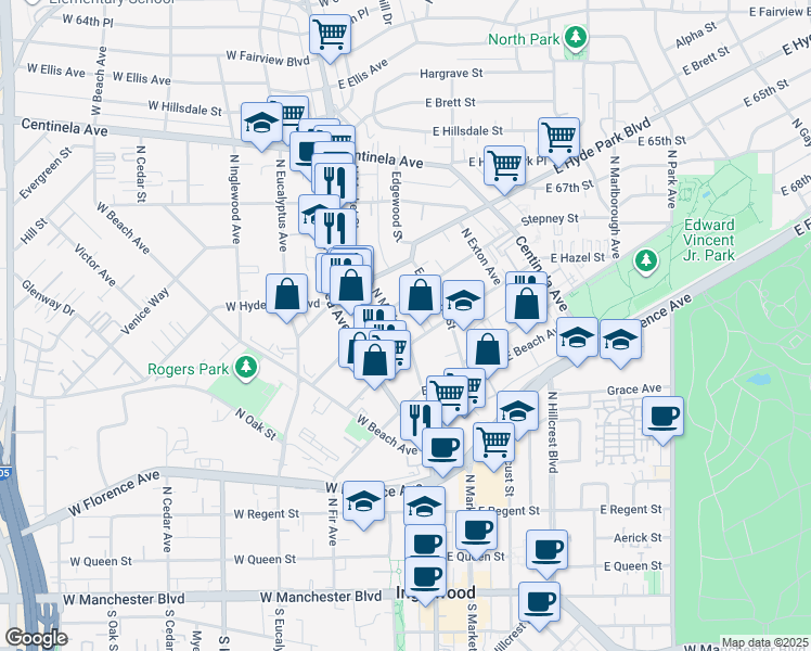 map of restaurants, bars, coffee shops, grocery stores, and more near 514 North Market Street in Inglewood