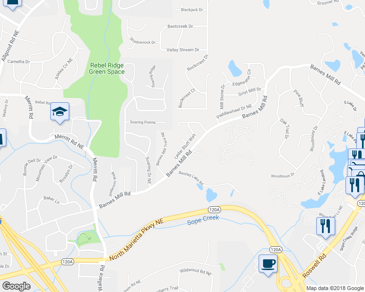 map of restaurants, bars, coffee shops, grocery stores, and more near 1677 Cedar Bluff Way in Marietta