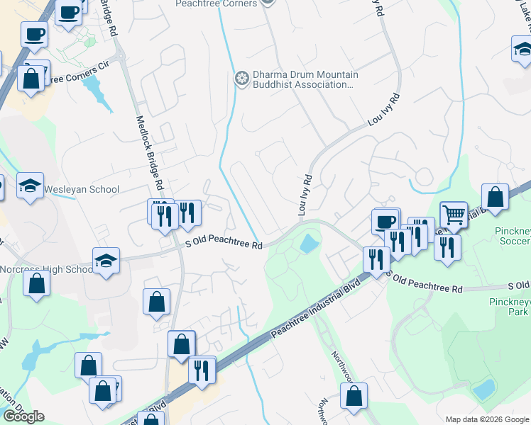 map of restaurants, bars, coffee shops, grocery stores, and more near 3400 Highcroft Circle Northwest in Norcross