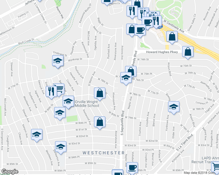 map of restaurants, bars, coffee shops, grocery stores, and more near 6338 West 78th Street in Los Angeles