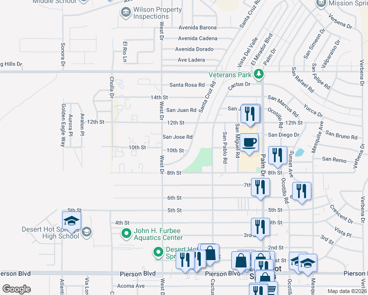 map of restaurants, bars, coffee shops, grocery stores, and more near 66116 10th Street in Desert Hot Springs