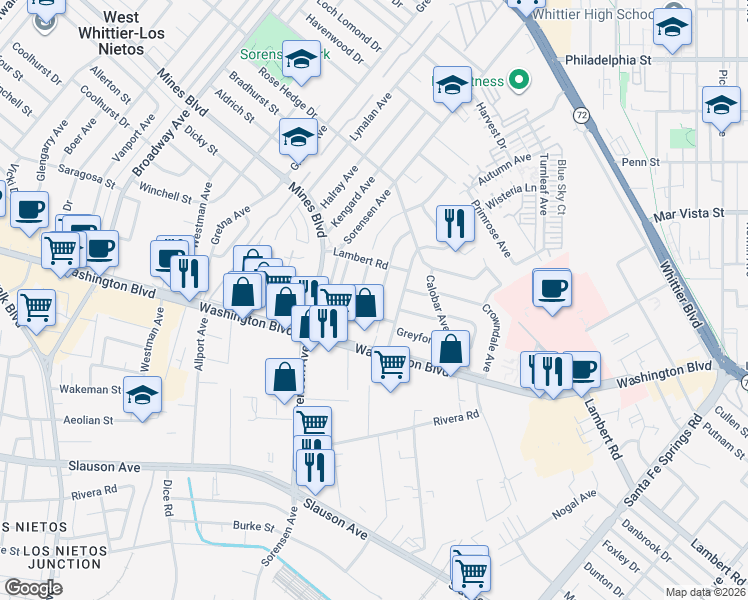 map of restaurants, bars, coffee shops, grocery stores, and more near 7848 Wellsford Avenue in Whittier