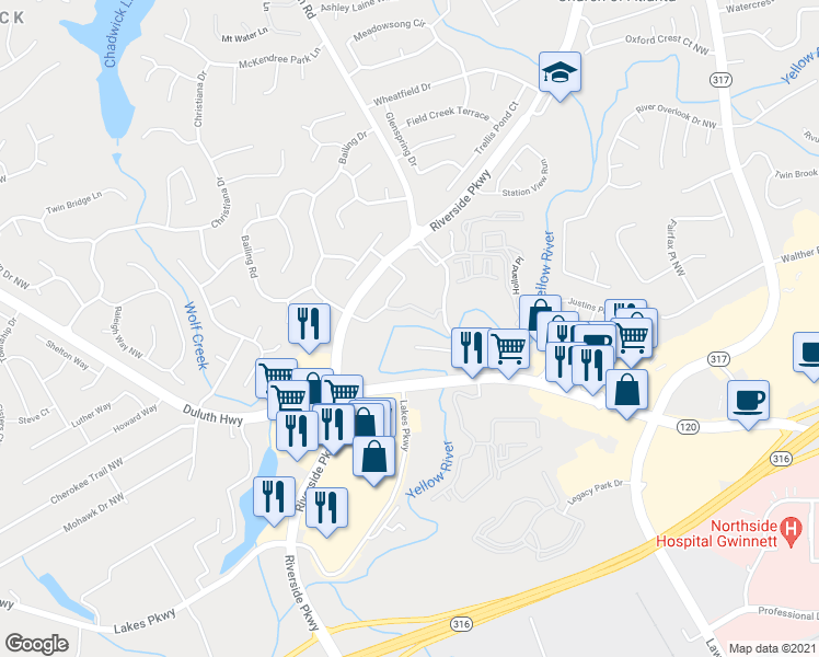 map of restaurants, bars, coffee shops, grocery stores, and more near 955 River Centre Place in Lawrenceville