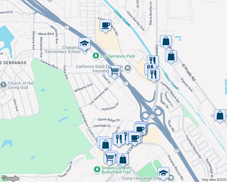 map of restaurants, bars, coffee shops, grocery stores, and more near 15581 Palomino Drive in Chino Hills