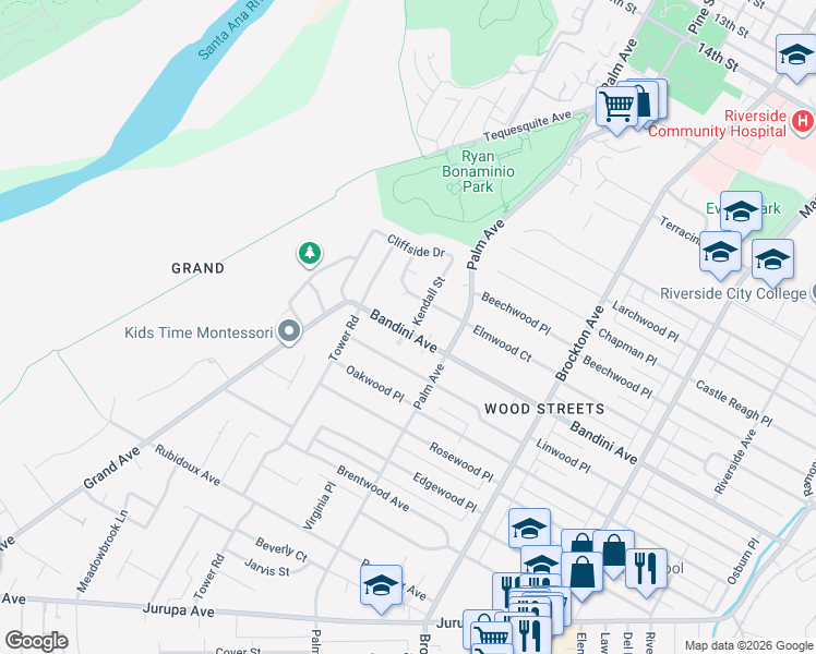map of restaurants, bars, coffee shops, grocery stores, and more near 5395 Kendall Street in Riverside