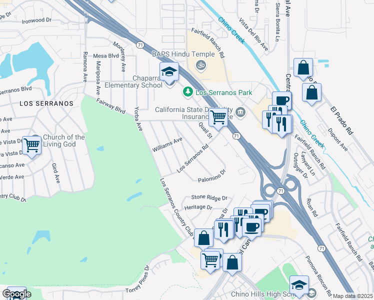map of restaurants, bars, coffee shops, grocery stores, and more near 15575 Cecelia Street in Chino Hills