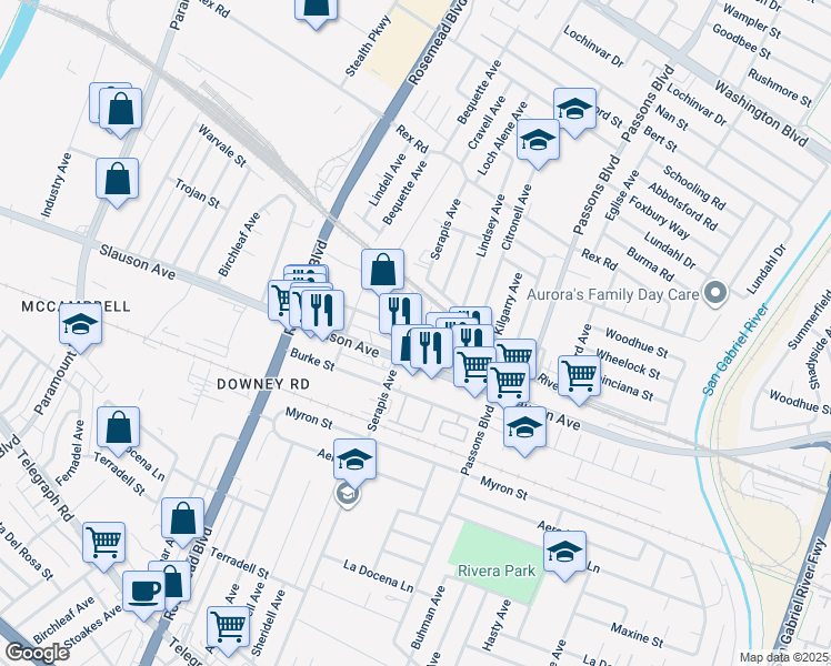 map of restaurants, bars, coffee shops, grocery stores, and more near 8826 Bermudez Street in Pico Rivera