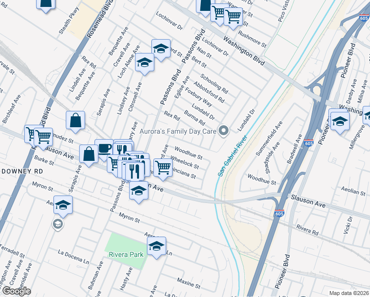 map of restaurants, bars, coffee shops, grocery stores, and more near 9549 Woodhue Street in Pico Rivera