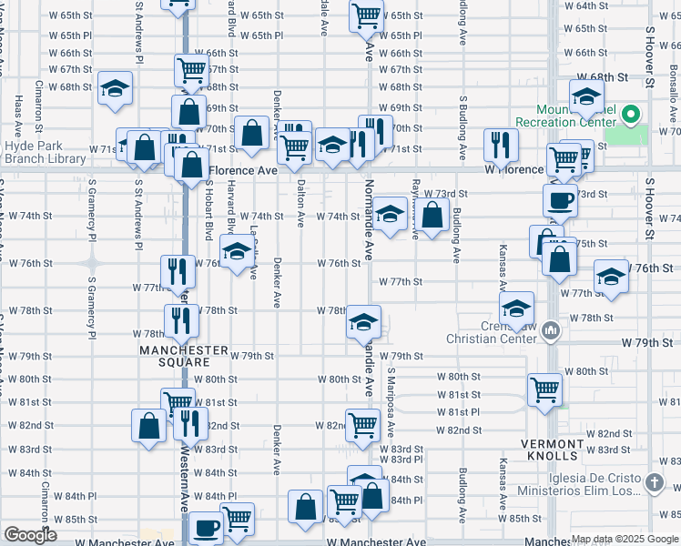 map of restaurants, bars, coffee shops, grocery stores, and more near 7611 Brighton Avenue in Los Angeles