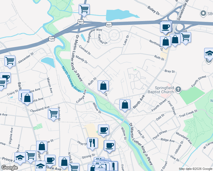 map of restaurants, bars, coffee shops, grocery stores, and more near 120 Artisan Place in Athens