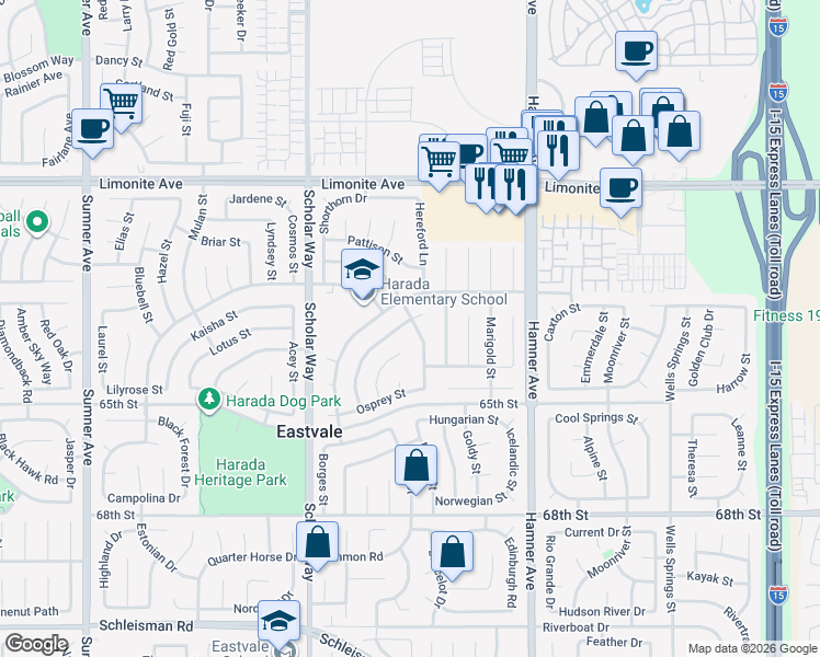map of restaurants, bars, coffee shops, grocery stores, and more near 6438 Gladiola Street in Corona