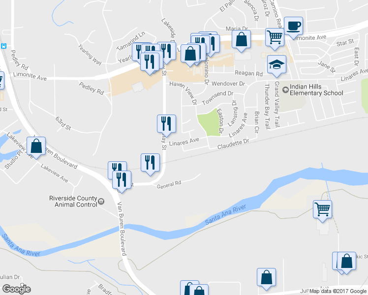 map of restaurants, bars, coffee shops, grocery stores, and more near 8140 David Way in Riverside