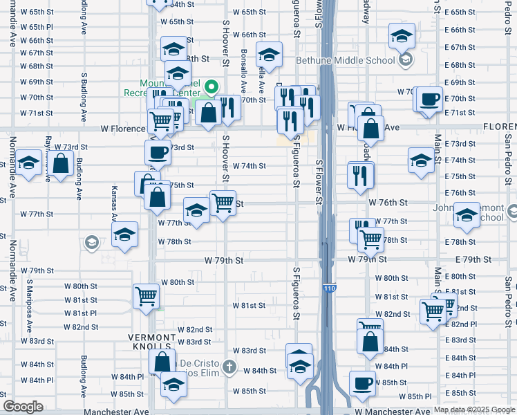 map of restaurants, bars, coffee shops, grocery stores, and more near 628 West 76th Street in Los Angeles