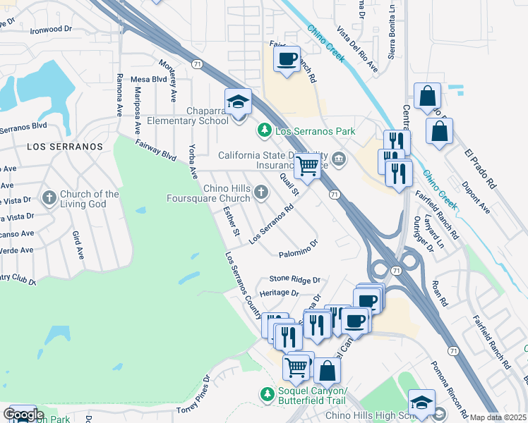 map of restaurants, bars, coffee shops, grocery stores, and more near 15575 Cecelia Street in Chino Hills