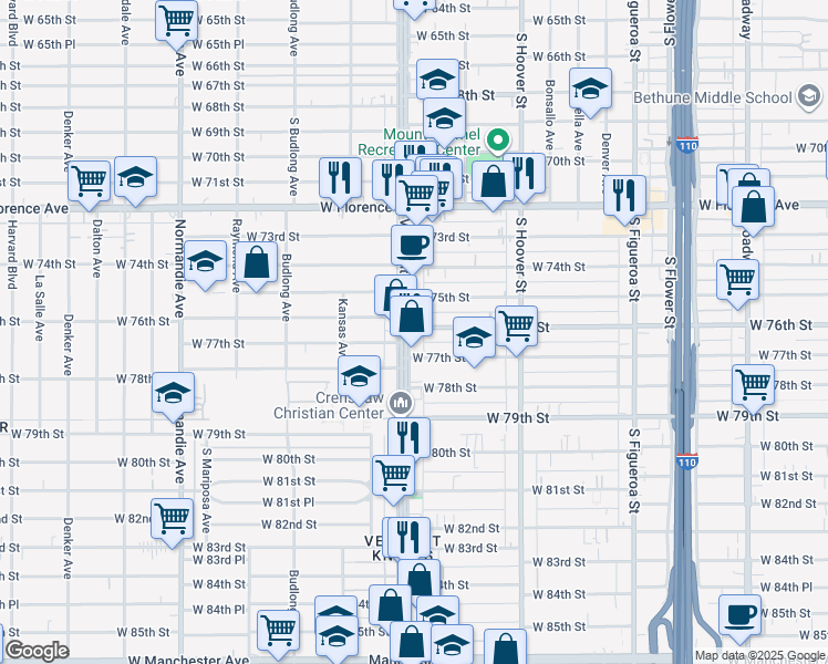 map of restaurants, bars, coffee shops, grocery stores, and more near 7602 South Vermont Avenue in Los Angeles