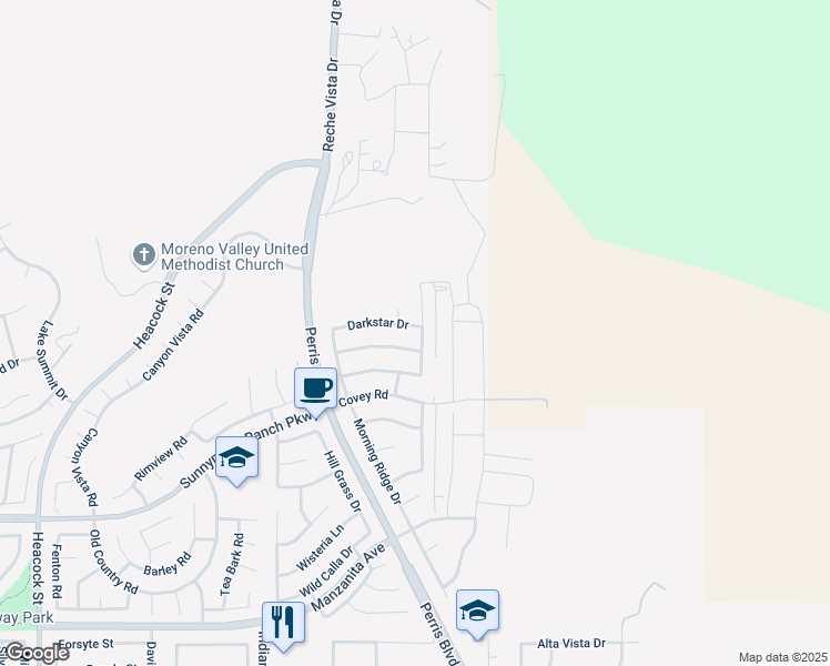 map of restaurants, bars, coffee shops, grocery stores, and more near 24811 Darkstar Drive in Moreno Valley