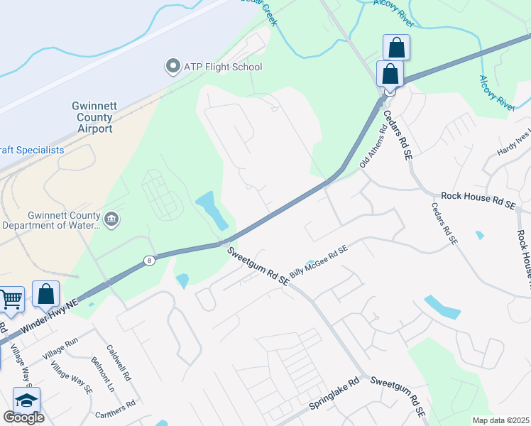 map of restaurants, bars, coffee shops, grocery stores, and more near 2 Ledgewood Mill Way Northeast in Lawrenceville