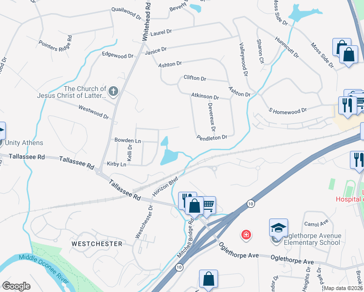 map of restaurants, bars, coffee shops, grocery stores, and more near 280 Kirby Lane in Athens