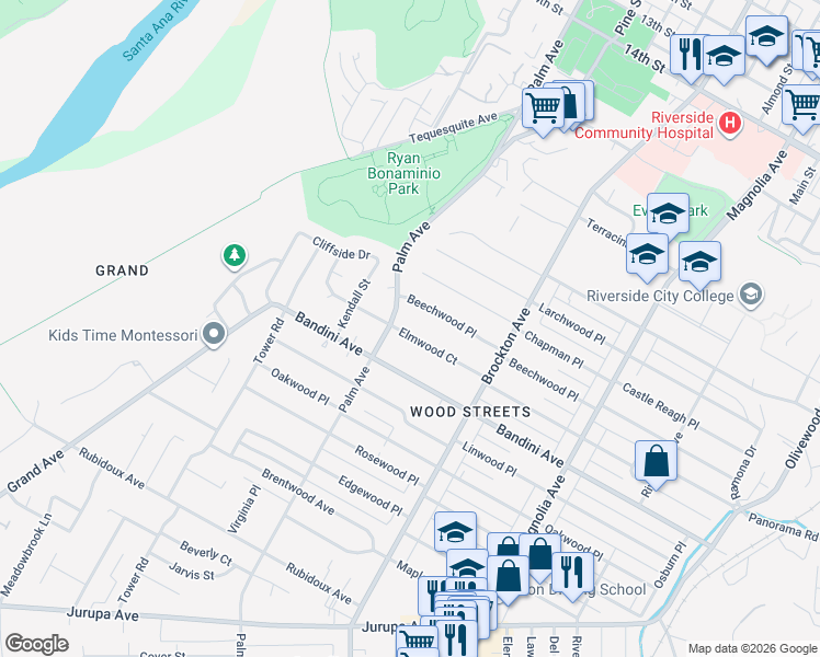 map of restaurants, bars, coffee shops, grocery stores, and more near 4443 Elmwood Court in Riverside