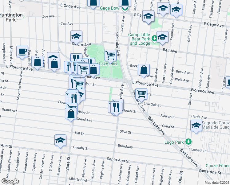 map of restaurants, bars, coffee shops, grocery stores, and more near 3463 California Street in Huntington Park