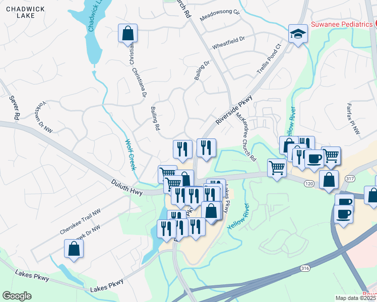 map of restaurants, bars, coffee shops, grocery stores, and more near 1076 Brown Duck Trail in Lawrenceville
