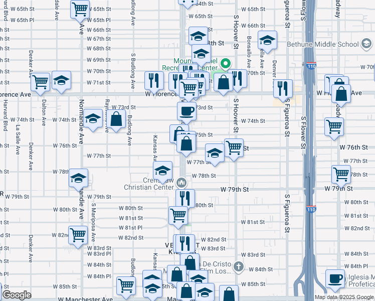 map of restaurants, bars, coffee shops, grocery stores, and more near 7602 South Vermont Avenue in Los Angeles