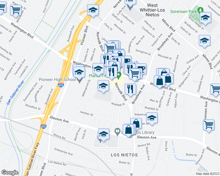 map of restaurants, bars, coffee shops, grocery stores, and more near 11047 Godoy Street in Whittier