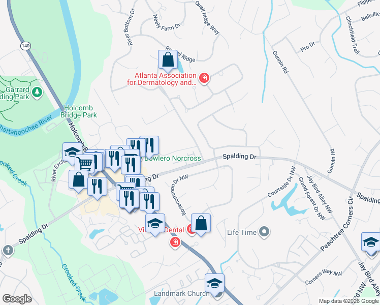 map of restaurants, bars, coffee shops, grocery stores, and more near 6209 Spalding Drive in Peachtree Corners