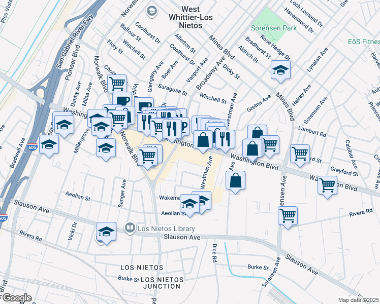 map of restaurants, bars, coffee shops, grocery stores, and more near 11426 Washington Boulevard in Whittier