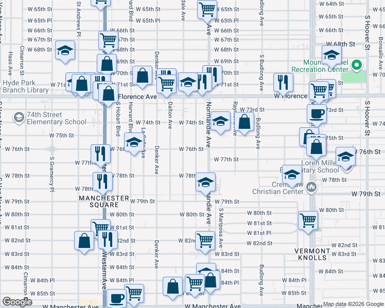 map of restaurants, bars, coffee shops, grocery stores, and more near 7611 Brighton Avenue in Los Angeles