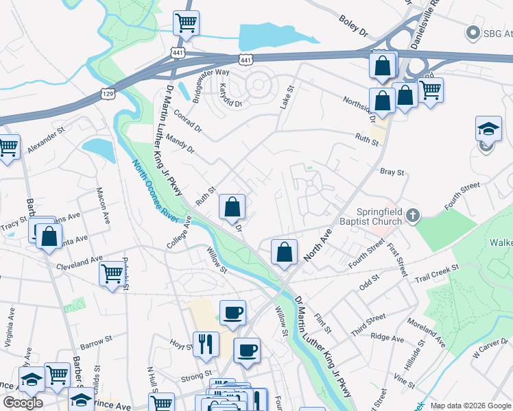 map of restaurants, bars, coffee shops, grocery stores, and more near 190 Artisan Place in Athens