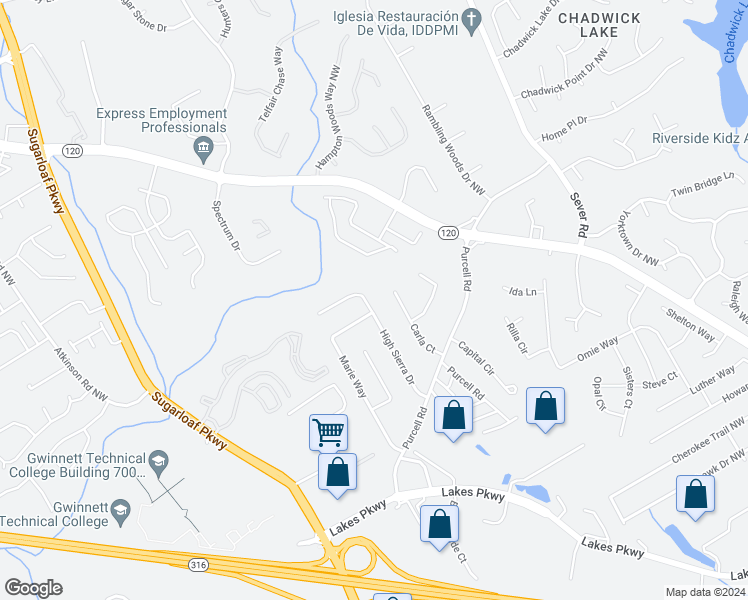 map of restaurants, bars, coffee shops, grocery stores, and more near 1507 High Sierra Drive in Lawrenceville