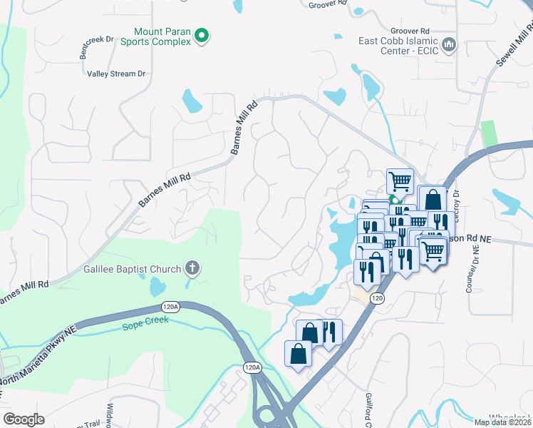 map of restaurants, bars, coffee shops, grocery stores, and more near 778 Oak Trail Drive in Marietta