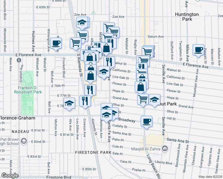 map of restaurants, bars, coffee shops, grocery stores, and more near 2403 Hope Street in Huntington Park