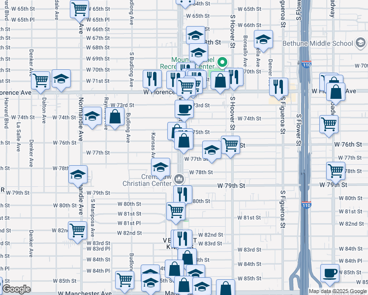 map of restaurants, bars, coffee shops, grocery stores, and more near 7600 Vermont Avenue in Los Angeles