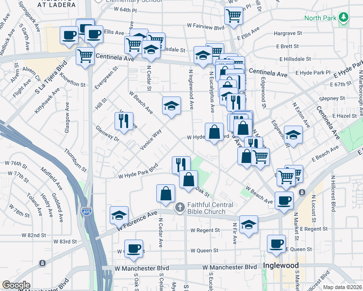 map of restaurants, bars, coffee shops, grocery stores, and more near 618 West Beach Avenue in Inglewood