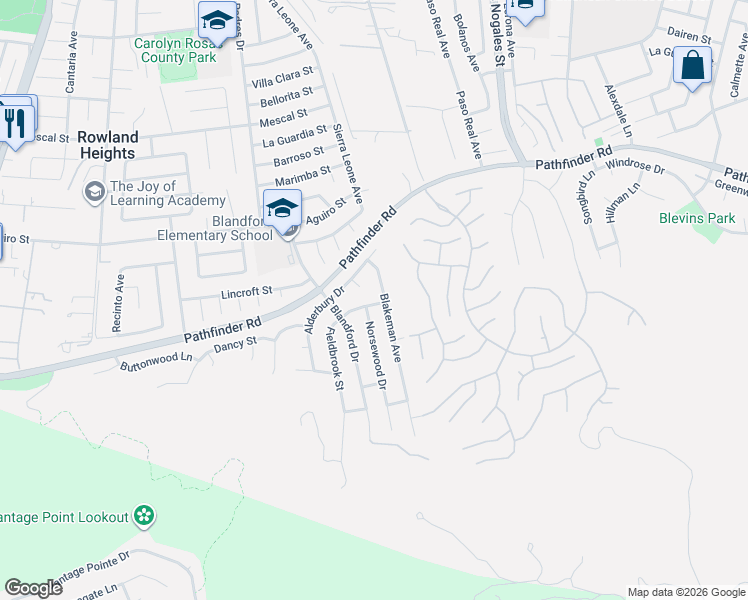 map of restaurants, bars, coffee shops, grocery stores, and more near 18747 Fieldbrook Street in Rowland Heights