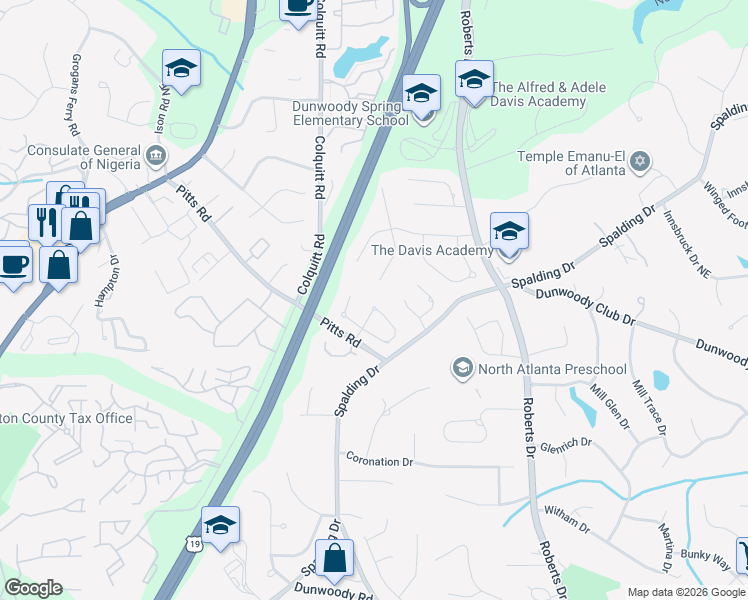 map of restaurants, bars, coffee shops, grocery stores, and more near 7874 Stratford Lane in Atlanta