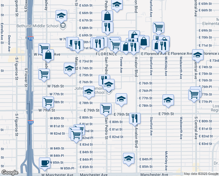 map of restaurants, bars, coffee shops, grocery stores, and more near 309 1/2 East 76th Place in Los Angeles
