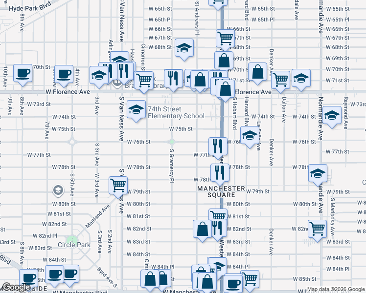 map of restaurants, bars, coffee shops, grocery stores, and more near 1938 West 76th Street in Los Angeles