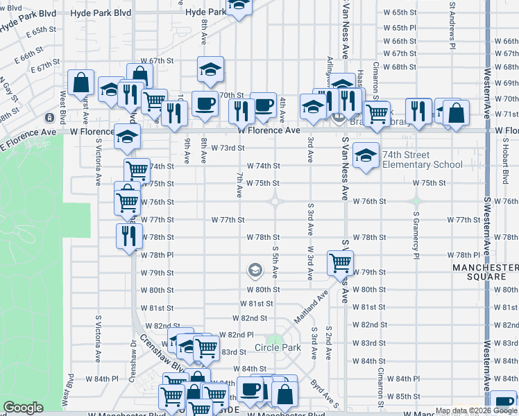 map of restaurants, bars, coffee shops, grocery stores, and more near 2622 West 76th Street in Inglewood