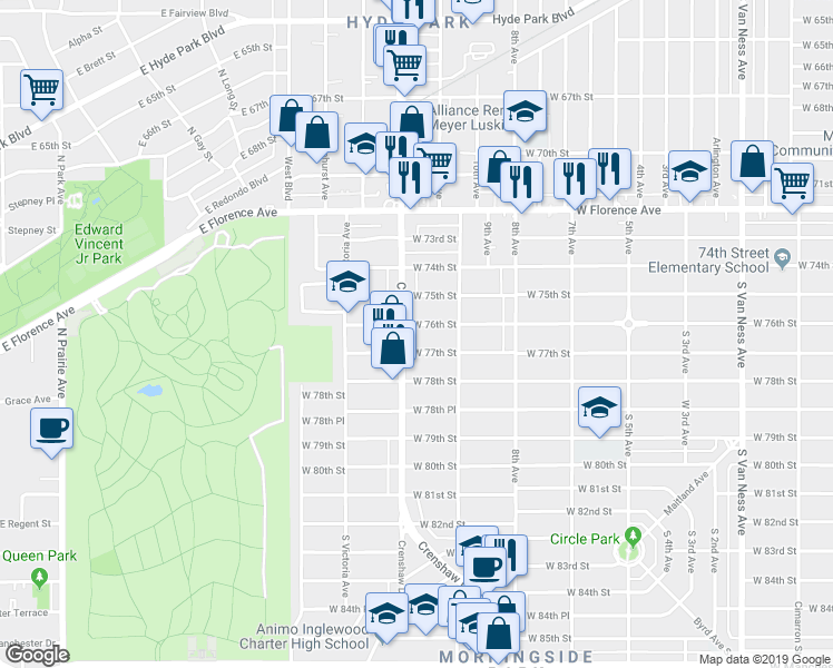 map of restaurants, bars, coffee shops, grocery stores, and more near 7606 Crenshaw Boulevard in Los Angeles
