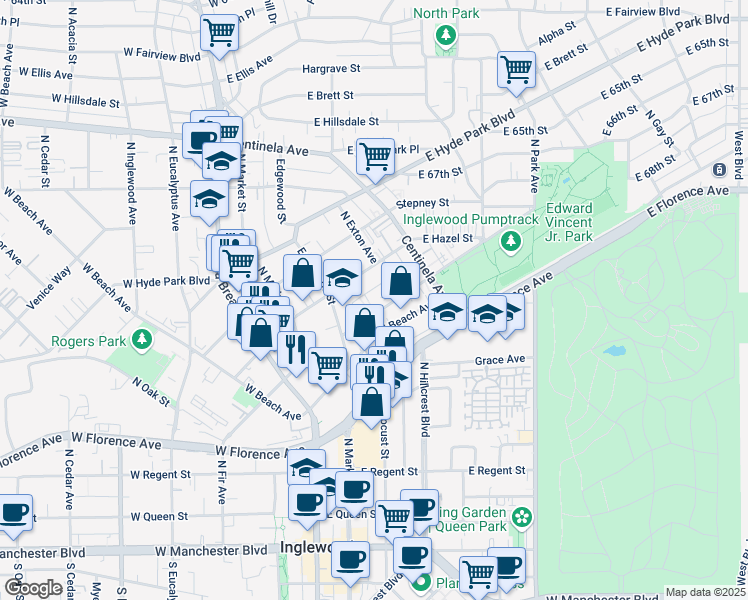 map of restaurants, bars, coffee shops, grocery stores, and more near 323 Warren Lane in Inglewood