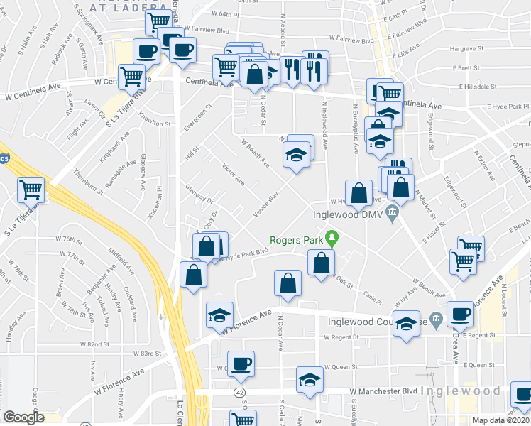 map of restaurants, bars, coffee shops, grocery stores, and more near 604 Venice Way in Inglewood