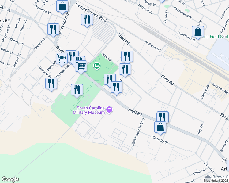 map of restaurants, bars, coffee shops, grocery stores, and more near 1055 Market Road in Columbia